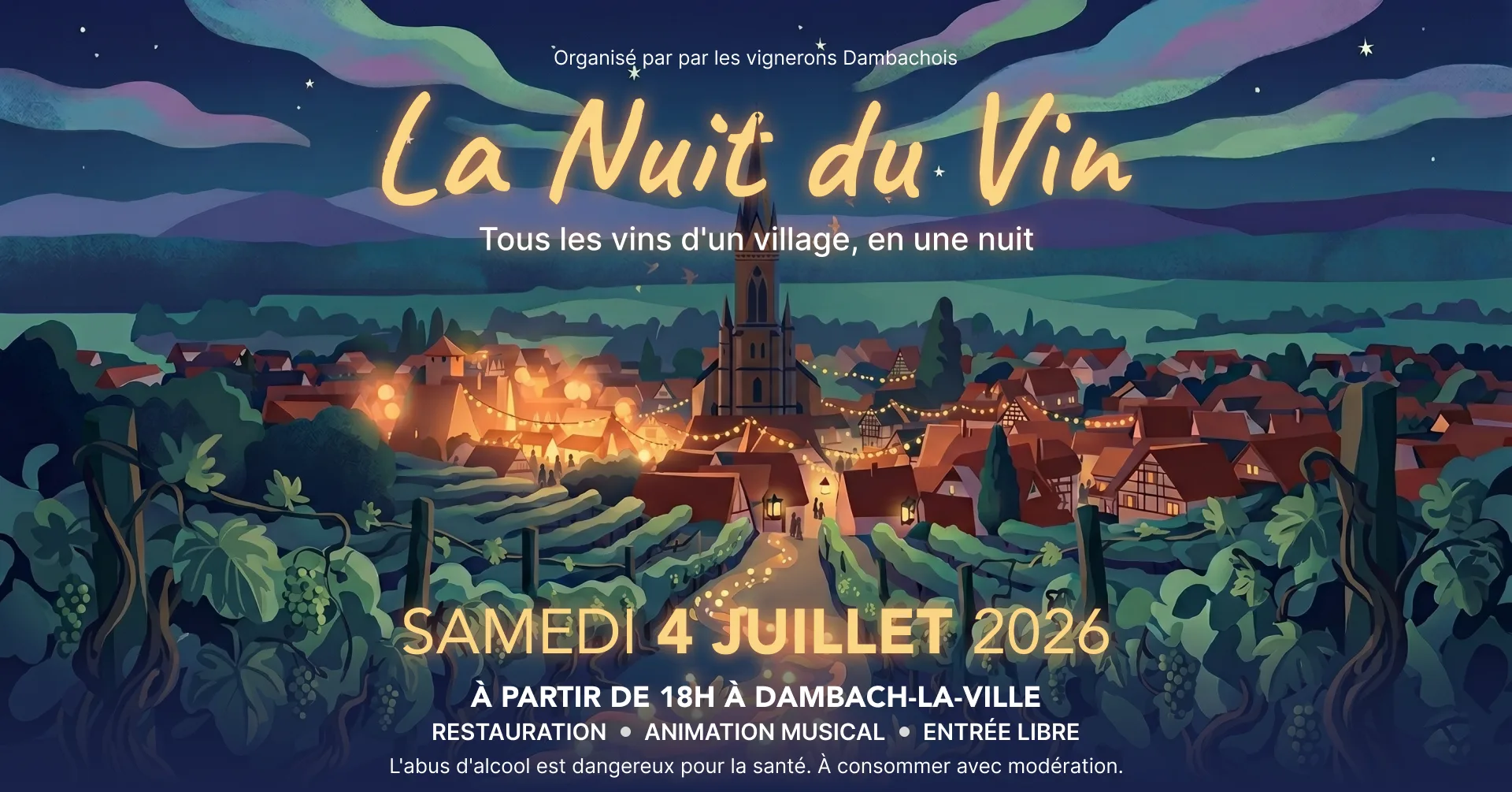 Ambiance illuminée de la place du Marché de Dambach-la-Ville lors d'une soirée vigneronne d'été