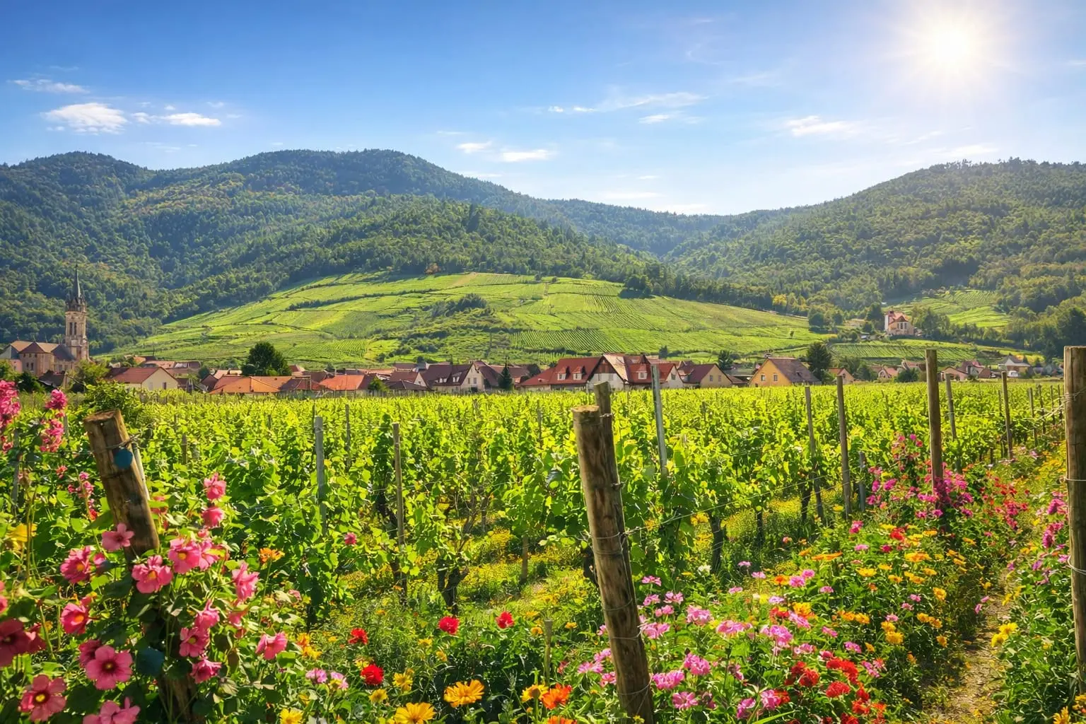 Vignobles fleuris et villages d'Alsace autour de Châtenois