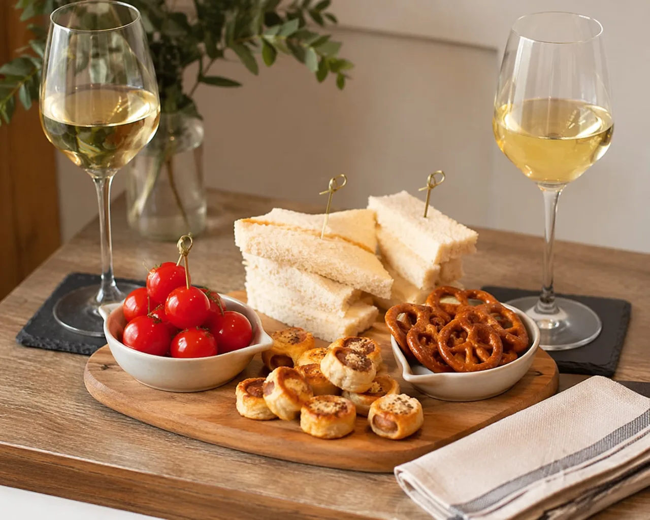 Hausgemachte Aperitif-Platte: Mini-Sandwiches, Blätterteiggebäck, Brezeln und Kirschtomaten