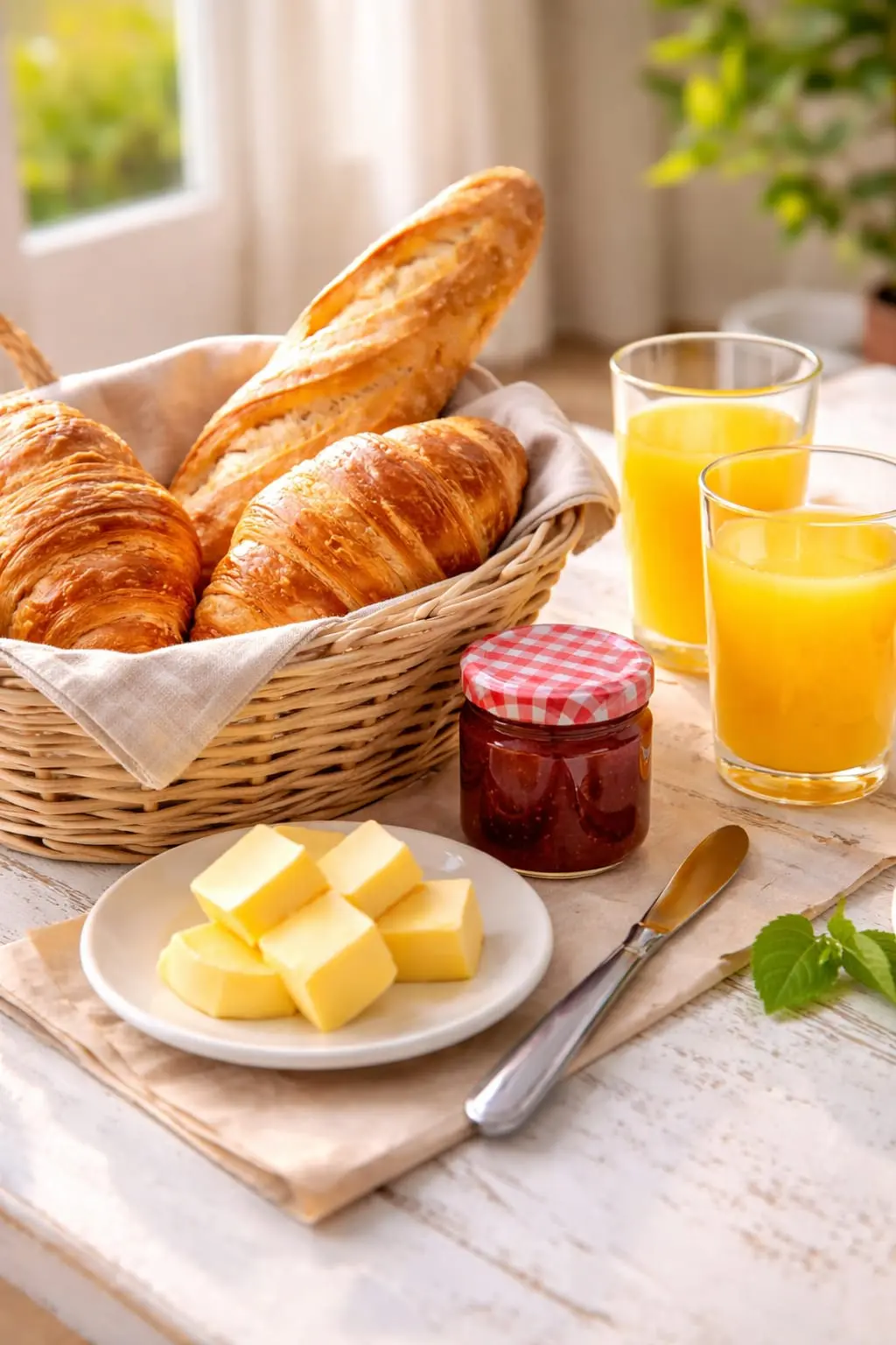 Petit-déjeuner express : panier de viennoiseries, beurre, confiture et jus d'orange