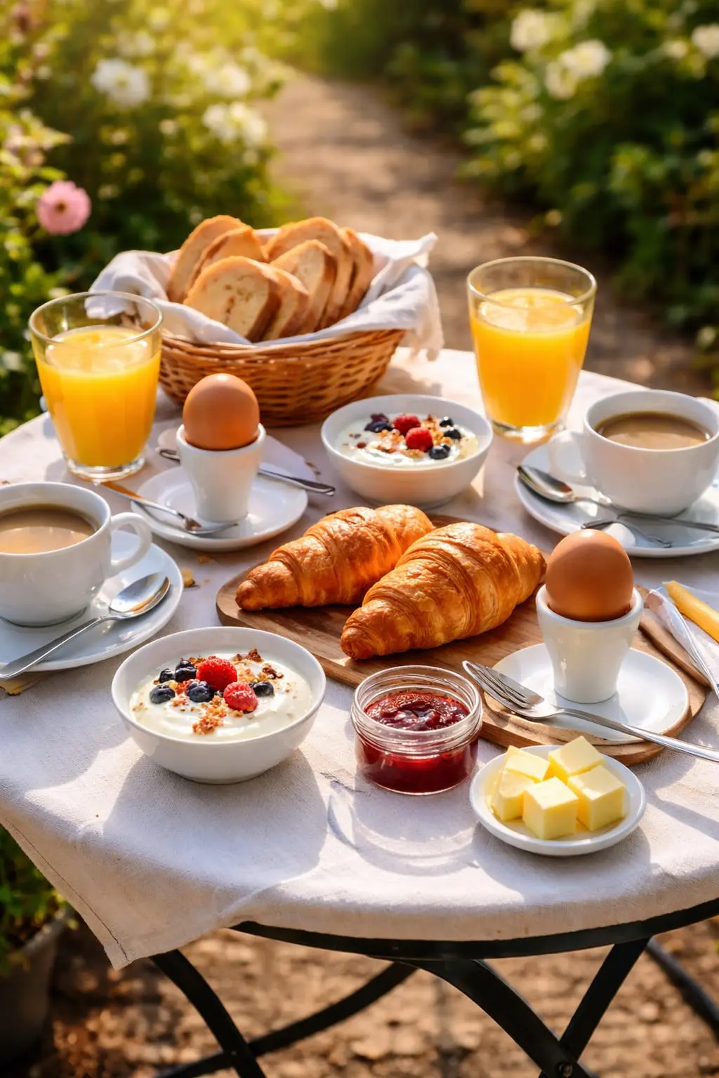 Petit-déjeuner gourmet avec œufs, yaourt aux fruits rouges, croissants et café